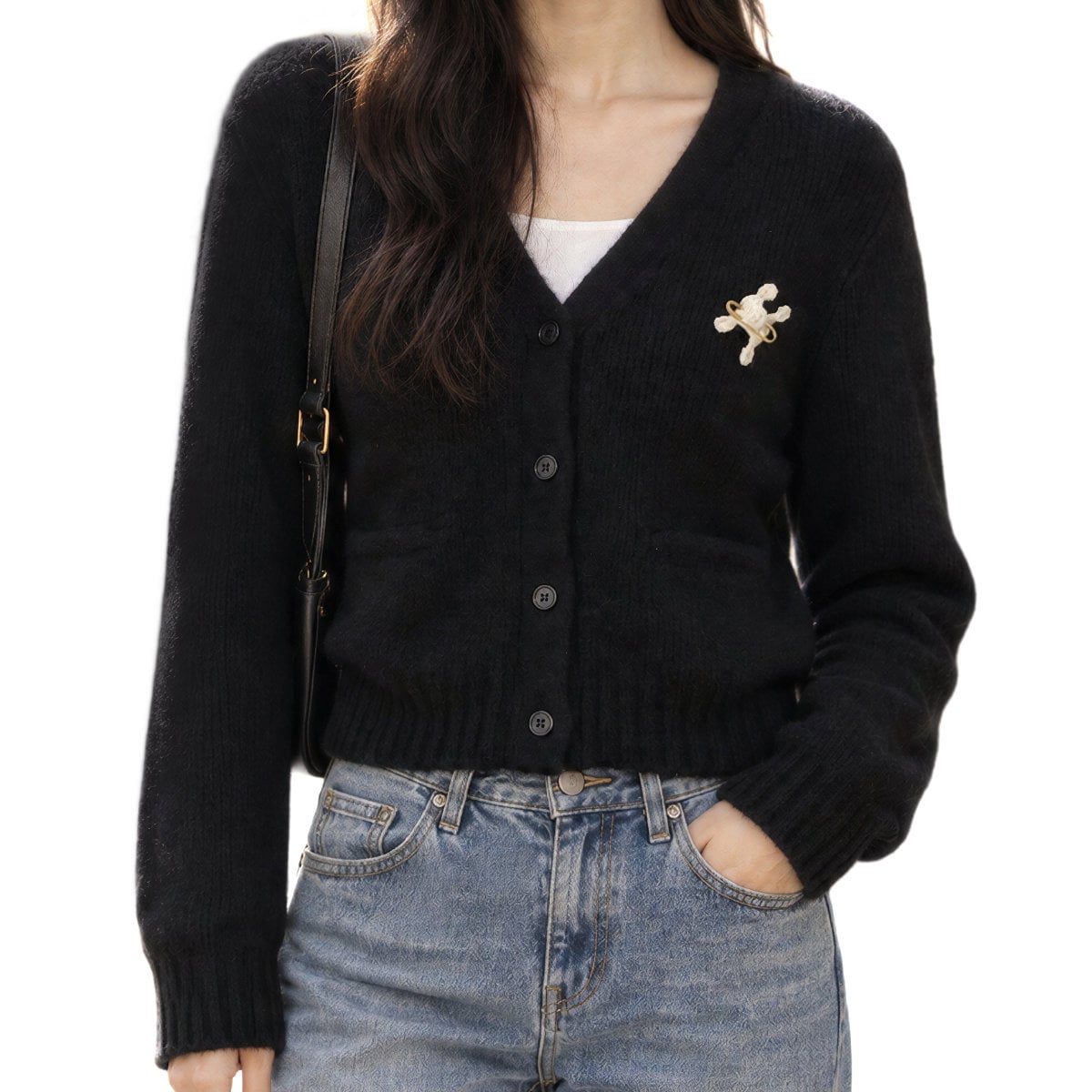 V Neck Cardigan Cashmere Silk with Crocheted Triomphe Pin Black