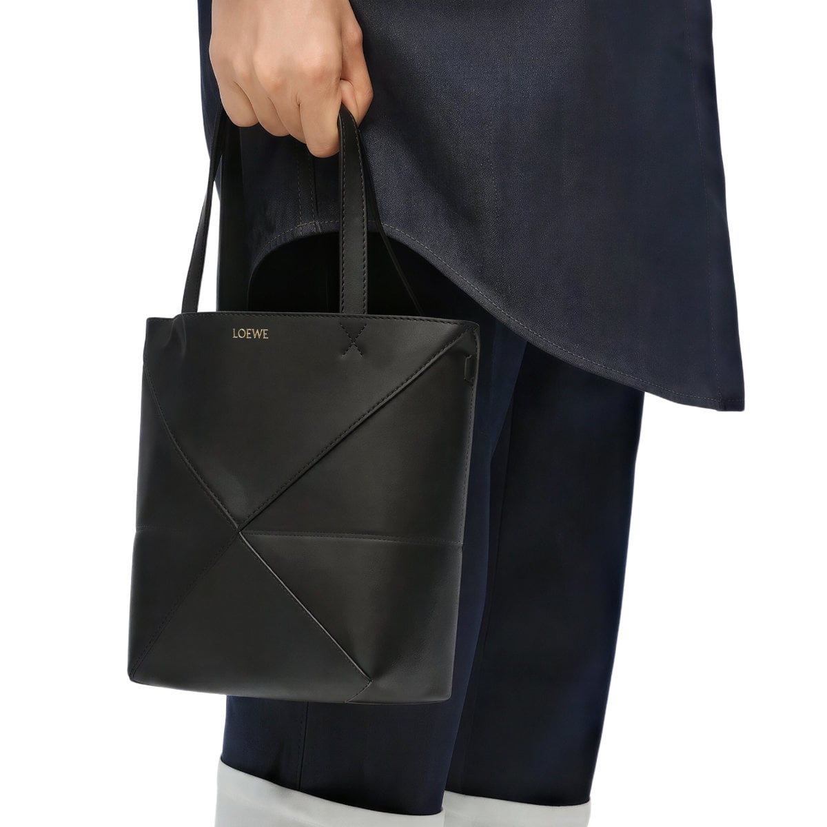 Mini Puzzle Fold Tote Shiny Calfskin Black