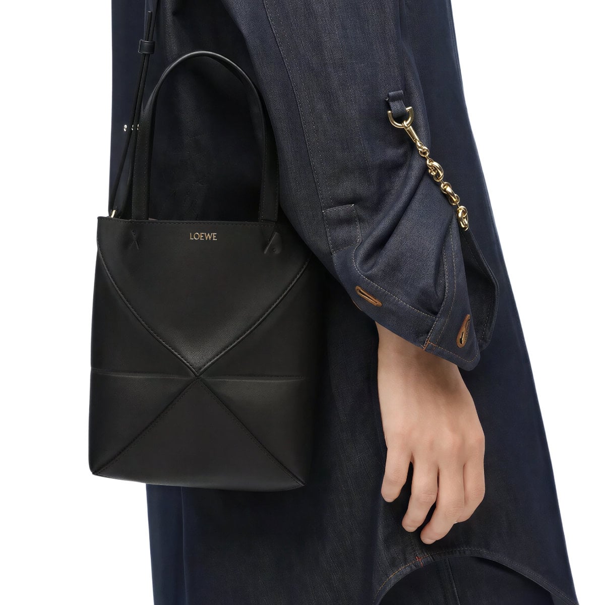 Mini Puzzle Fold Tote Shiny Calfskin Black