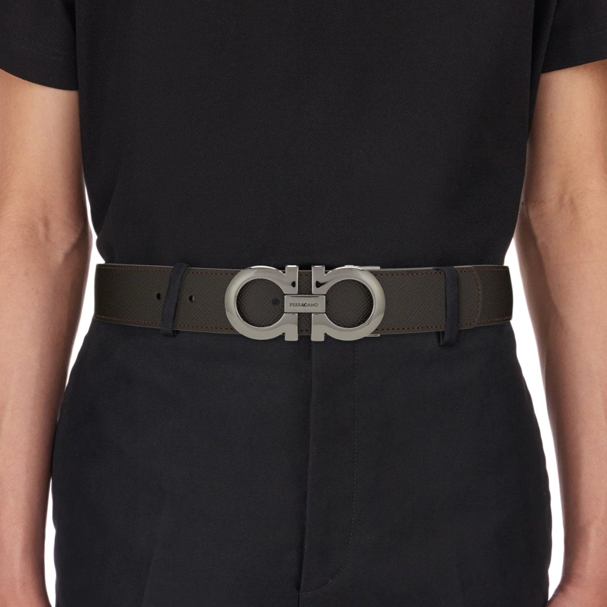 Reversible Gancini Belt Black/Hickory