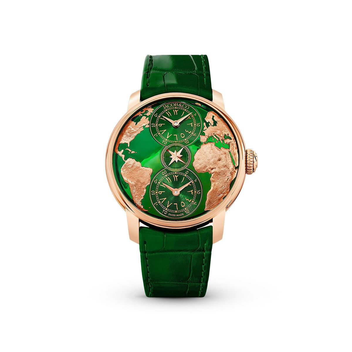 The World Is Yours Dual Time Zone DT100.40.AA.AD.A Rose Gold, Green Leather Strap-Jacob & Co.