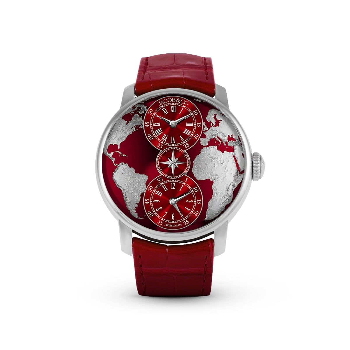 The World Is Yours Dual Time Zone DT100.10.AD.AA.A Stainless Steel, Red Leather Strap-Jacob & Co.