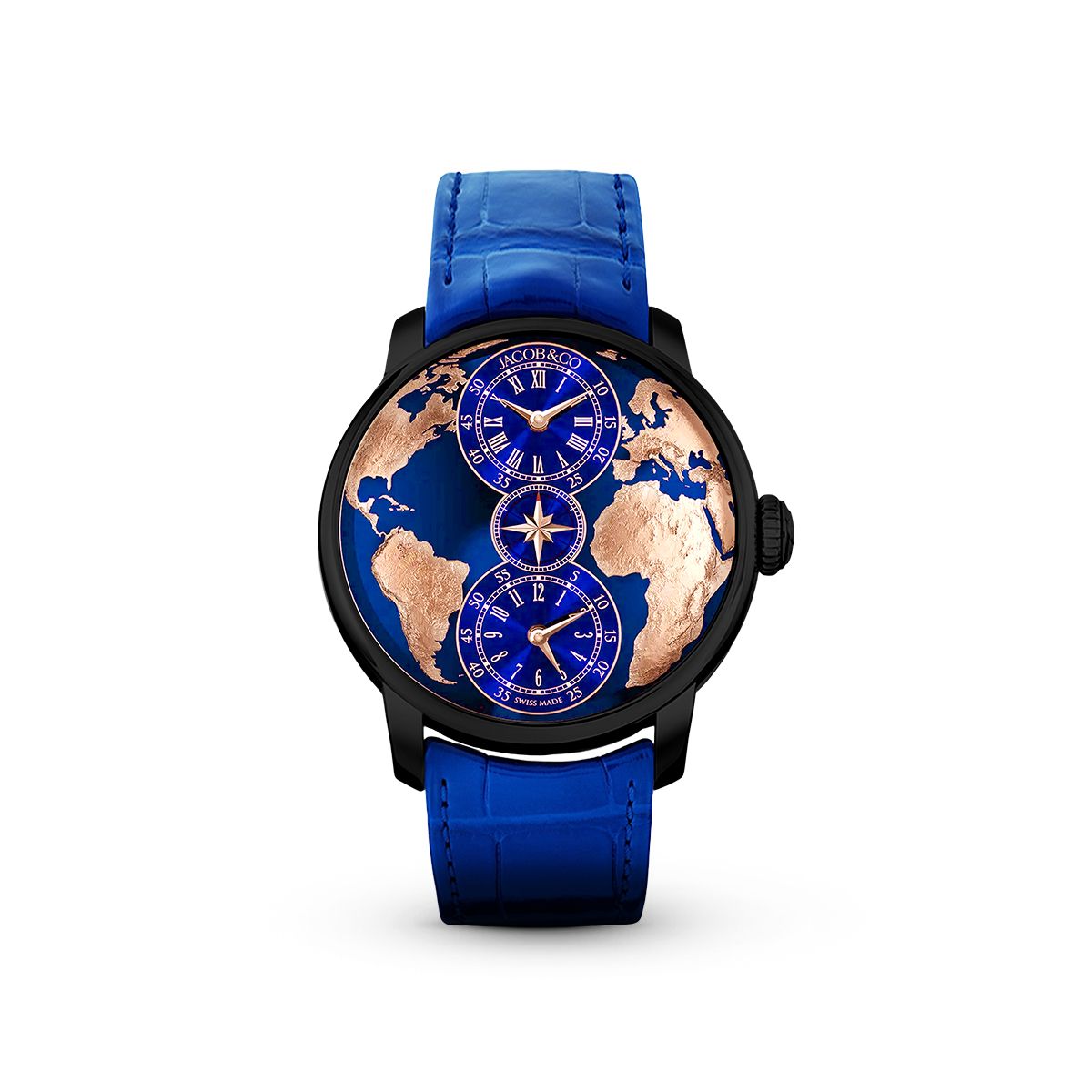 The World Is Yours Dual Time Zone DT100.41.AA.AB.A Black Gold, Blue Leather Strap-Jacob & Co.
