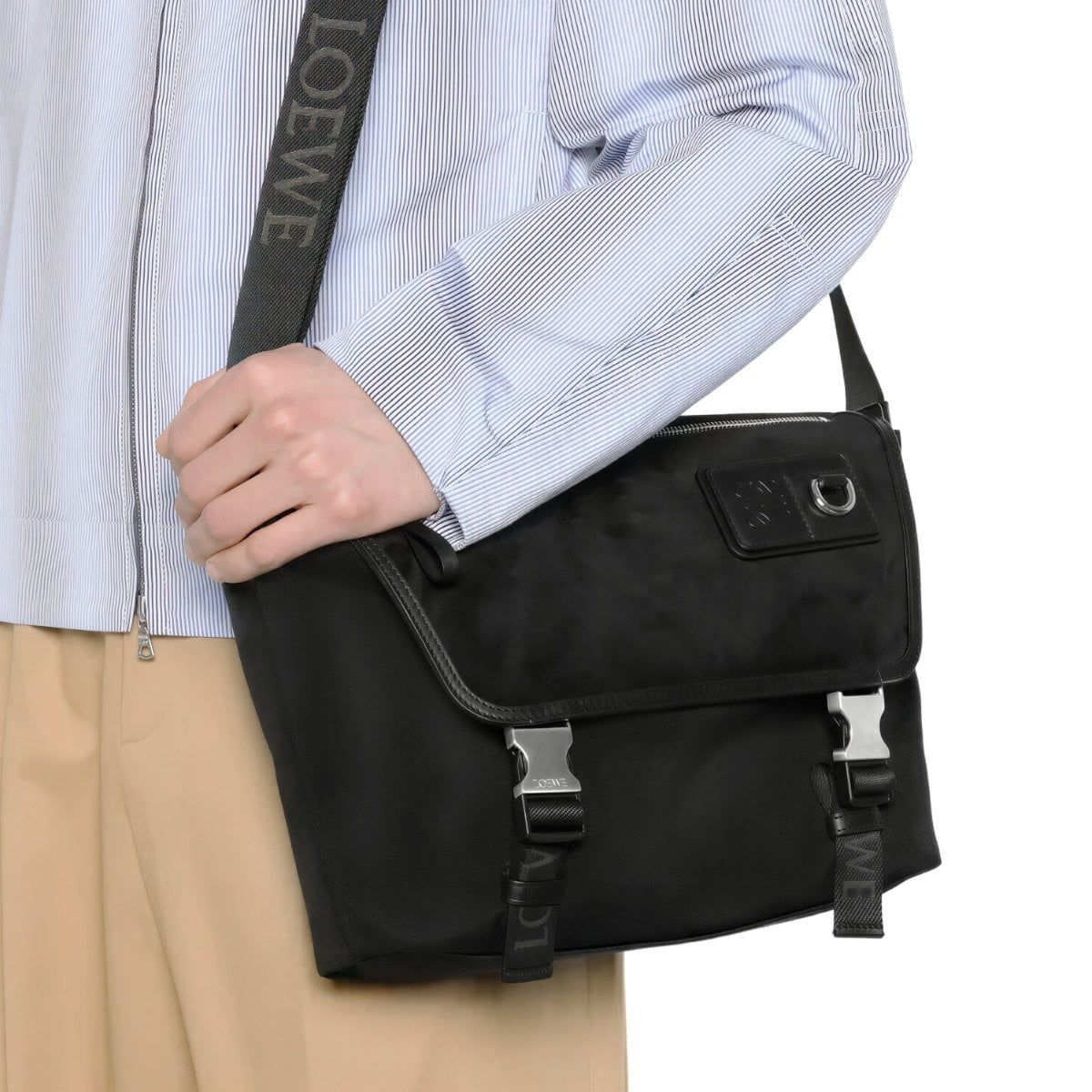 Medium Flex Messenger Bag Canvas Suede Black